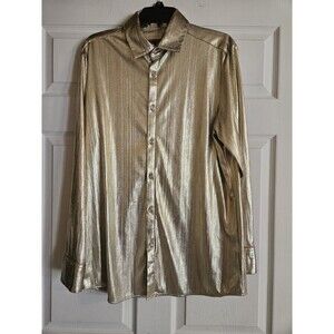 Prestige Original Gold Silver Shiny Button Up Men's Shirt Medium Disco Party